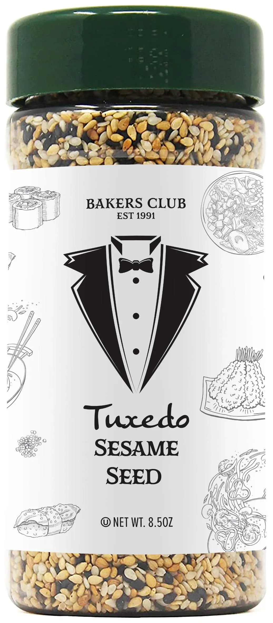 Bakers Club 8.5oz Mixed Black and White Sesame Seeds - Tuxedo blend for Sushi, Tuna, Stir Fry, Bread, Poke Bowls - Kosher, Gluten Free, Rich in Sesame Oil - Ideal for Toasting, Cooking, Baking