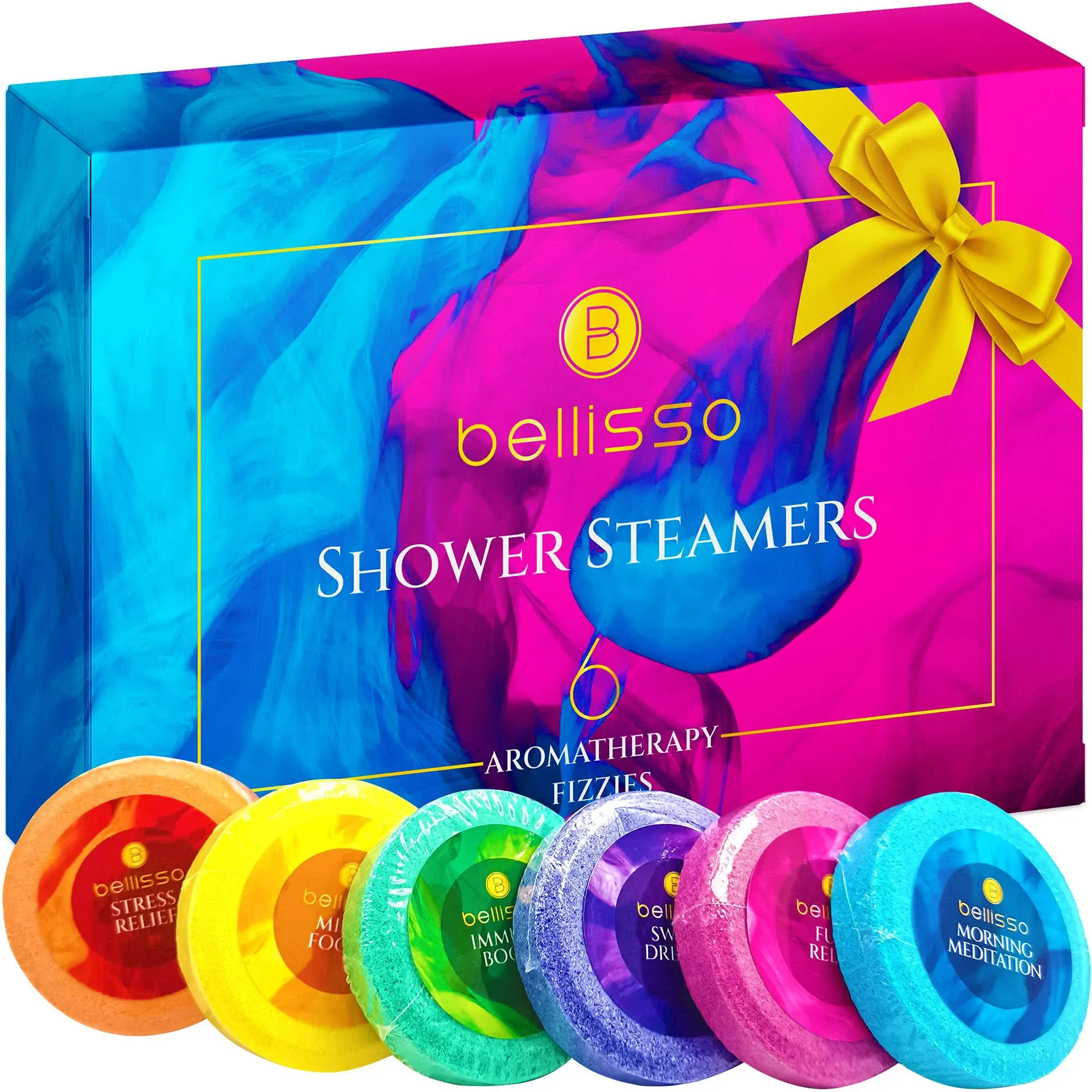 Aromatherapy Shower Steamers Set, Six Fizzies - Uplifting, Relaxing, Stress Relief Scents for Women and Men - Self Care Home Spa Experience - Christmas Day Stocking Stuffers and Relaxation Gifts