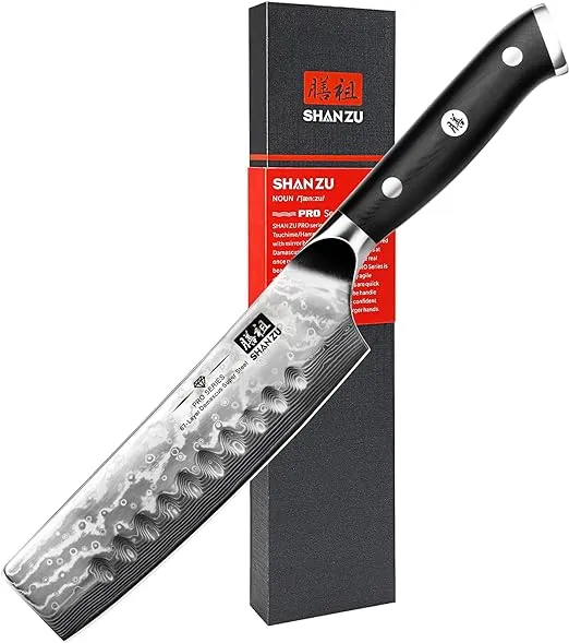 SHAN ZU Chef Knife Damascus Professional Extra Sharp Kitchen Knife Japanese Nakiri Knife, High Carbon Super Steel Chef's Knife with Ergonomic G10 Glass Fiber Handle