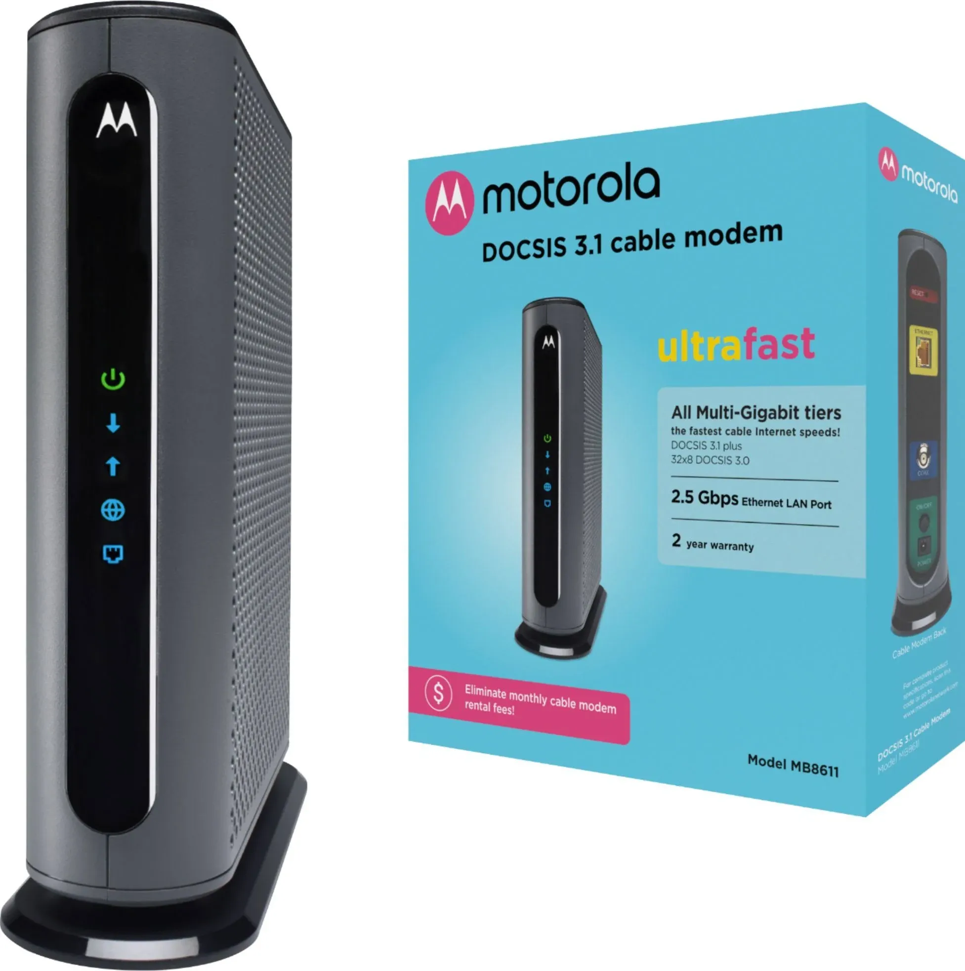 Motorola MB8611 DOCSIS 3.1 Multi-Gig Cable Modem | Pairs with Any WiFi Router | Approved for Comcast Xfinity, Cox Gigablast, Spectrum | 2.5 Gbps Port | 2500 Mbps Max Internet Speeds