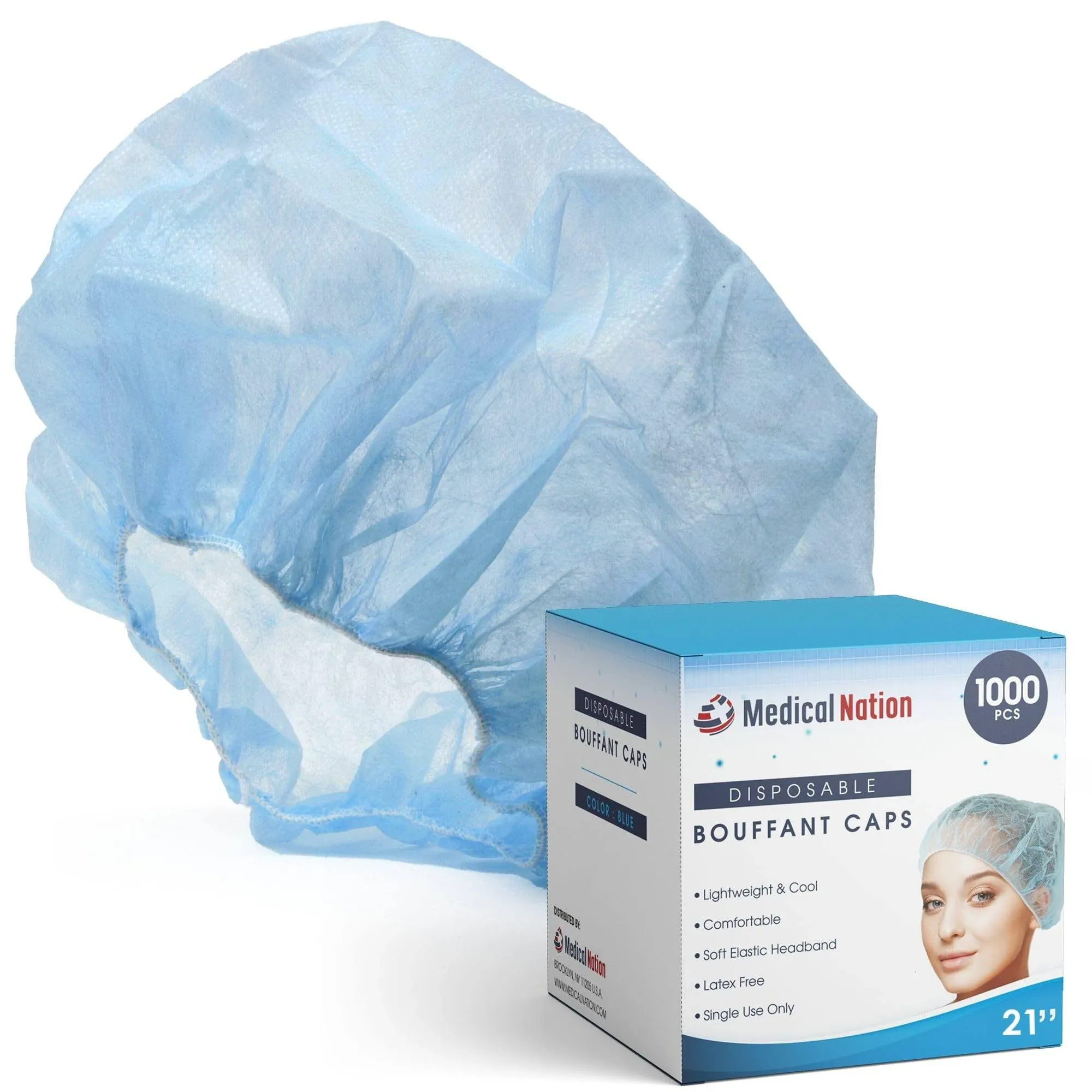 Medical Nation 21 Disposable Bouffant Caps Hair Net Case of 1000 Blue Non-Woven ...