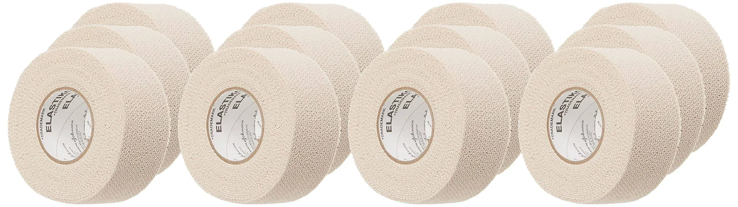 Johnson & Johnson Elastikon Elastic Tape, 1" x 2.5 Yards, (1" x 5 Yards Stretched), Reliable Compression for Support of Sprains, Strains, and Muscle Injuries, Case of 12 Rolls