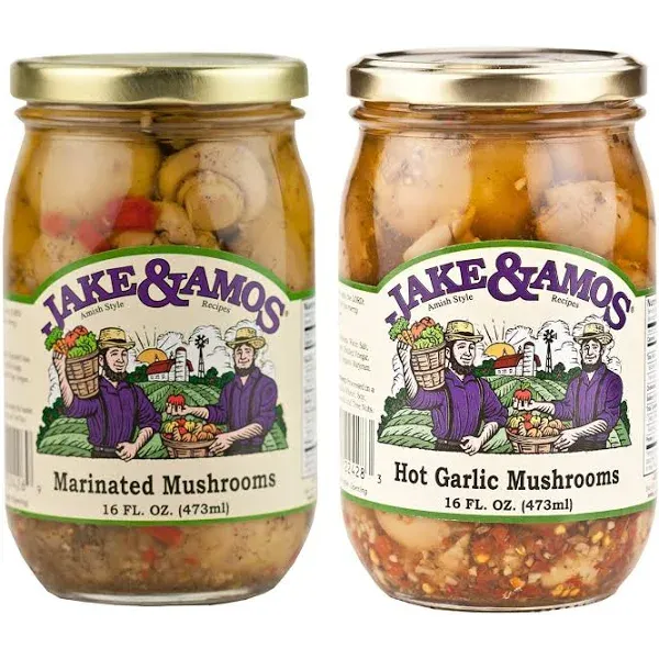 Jake &amp; Amos Pickled Mushroom Variety Pack 16 oz. Marinated, Hot Garlic (1 Jar of