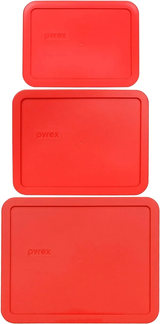 Pyrex (1) 7212-PC 11-Cup Red Lid, (1) 7211-PC 6-Cup Red Lid, & (1) 7210-PC 3-Cup Red Plastic Storage Lid, Made in USA