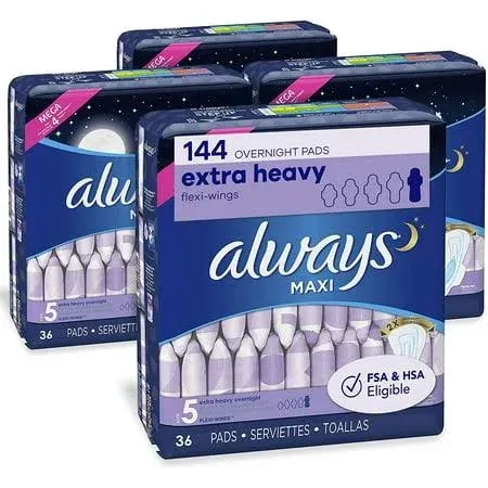 Always Maxi Overnight Pads with Wings, Size 5, Extra Heavy Overnight, Unscented, 72 Count