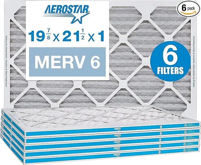 Aerostar 19 7/8 x 21 1/2 x 1 MERV 6 Pleated Air Filter, AC Furnace Air Filter, 6 Pack (Actual Size: 19 7/8"x21 1/2"x3/4")