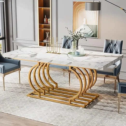 Faux Marble Dining Table with Geometric Frame