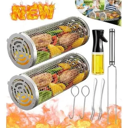 Rolling Grilling Baskets for Outdoor Grill Bbq Net Tube Must Have Large Barbecue Cylinder Cage Round Mesh Essentials Gadgets Cooking Accessories for Picnic Veggies Vegetable Fish Meat, Gift for Men