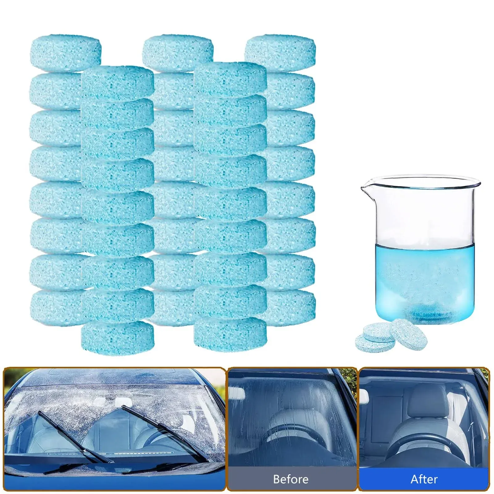 30PCS Car Windshield Washer Fluid Tablet,Windshield Wiper Fluid,Window and Glass Cleaner Effervescent Tablets,1 Pack Makes 33 Gallons,car,Home(Winter: Use With De-icer or Methanol)