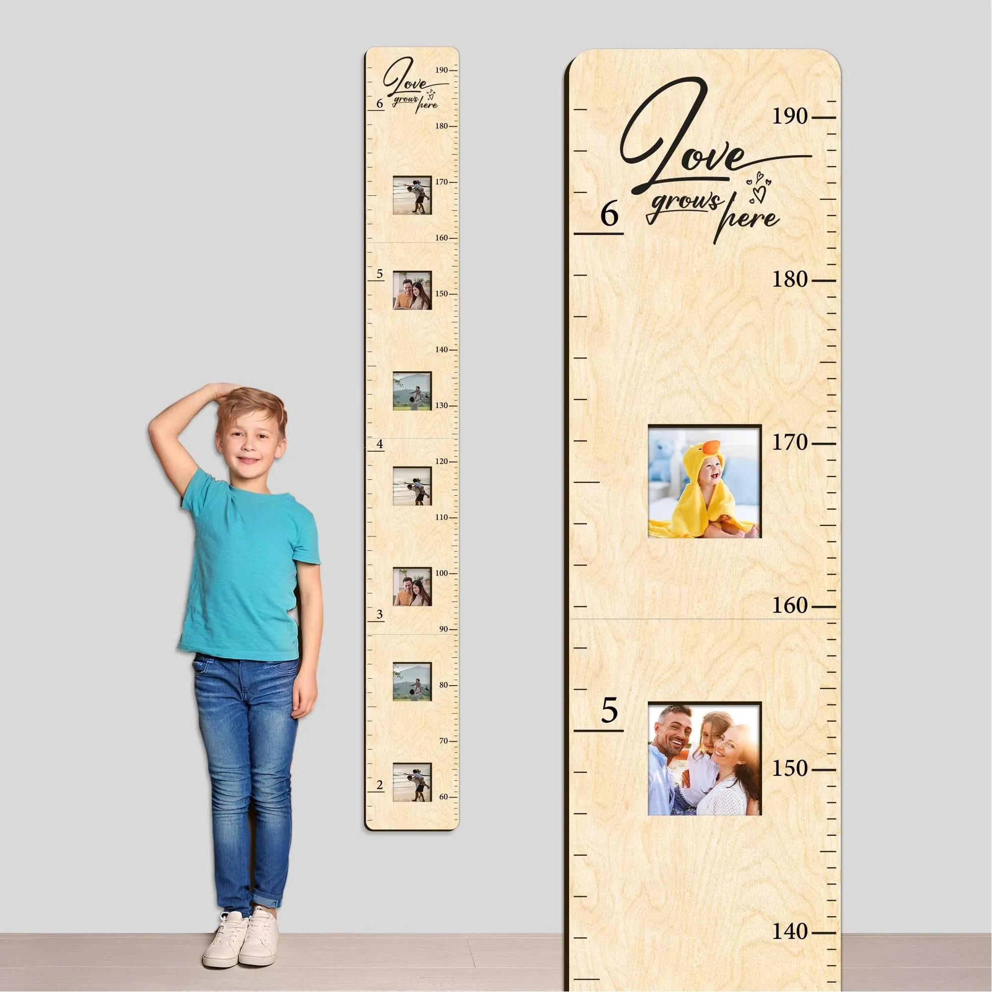 Wooden Growth Chart for Kids with Picture Frames, Boys, Girls | Height Growth Chart for Wall, Measuring Chart | Kids Bedroom, Playroom, Nursery Decor, Child's Room Wall Decoration