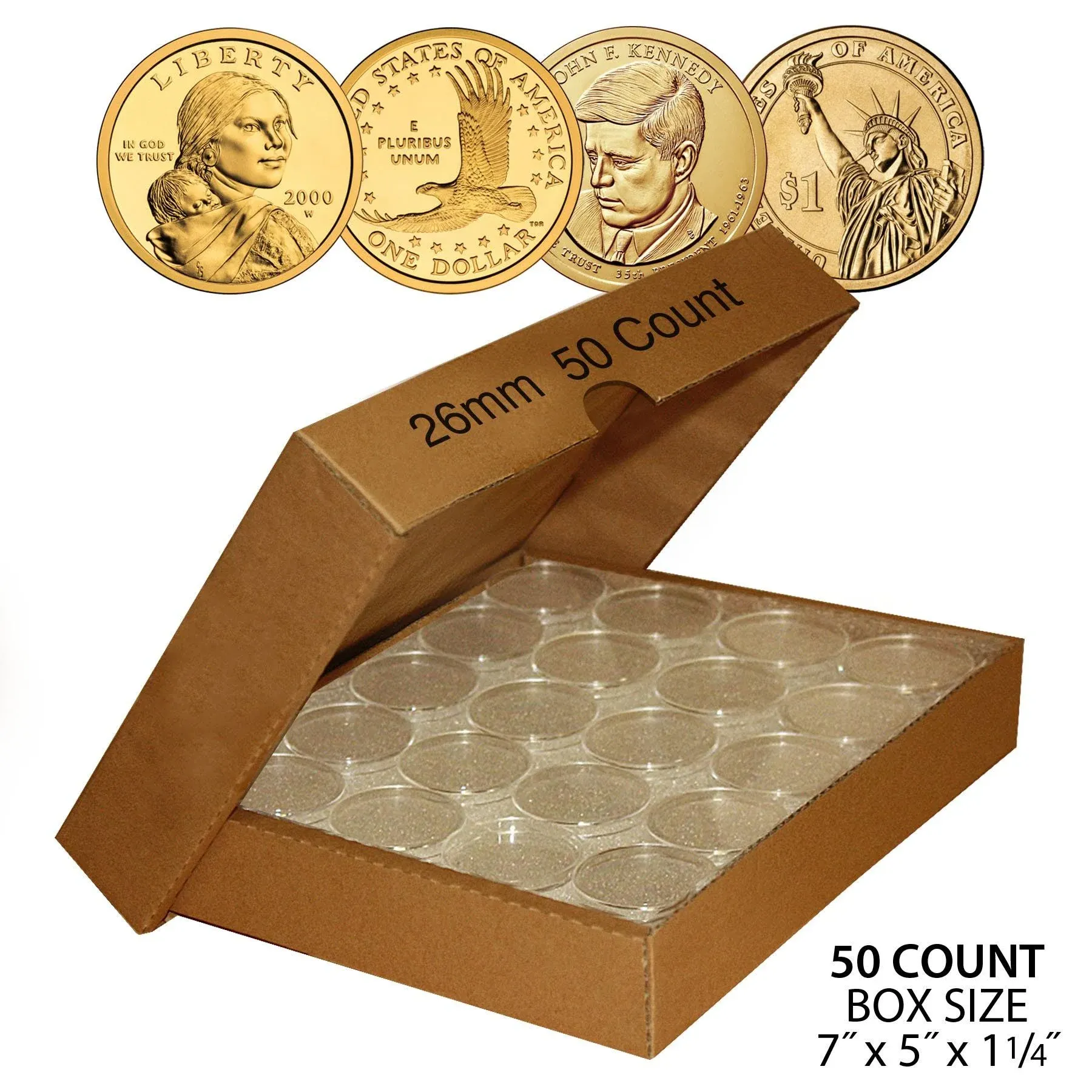 50 Sacagawea Dollar Direct-Fit Airtight 26mm Coin Capsule Holder Qty: 50 W/Box