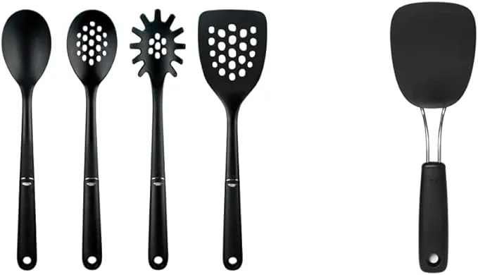 OXO Good Grips 4-Piece Nylon Tool Set & Good Grips Nylon Ladle, Black, One Size