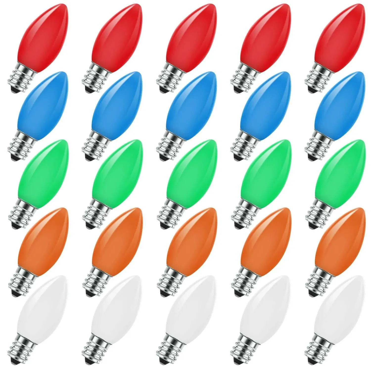 C7 Christmas Replacement Bulbs, 25 Pack Multicolor Ceramic Light Bulbs for Christmas Outdoor Indoor String Lights, E12/C7 Base, 5 Watt