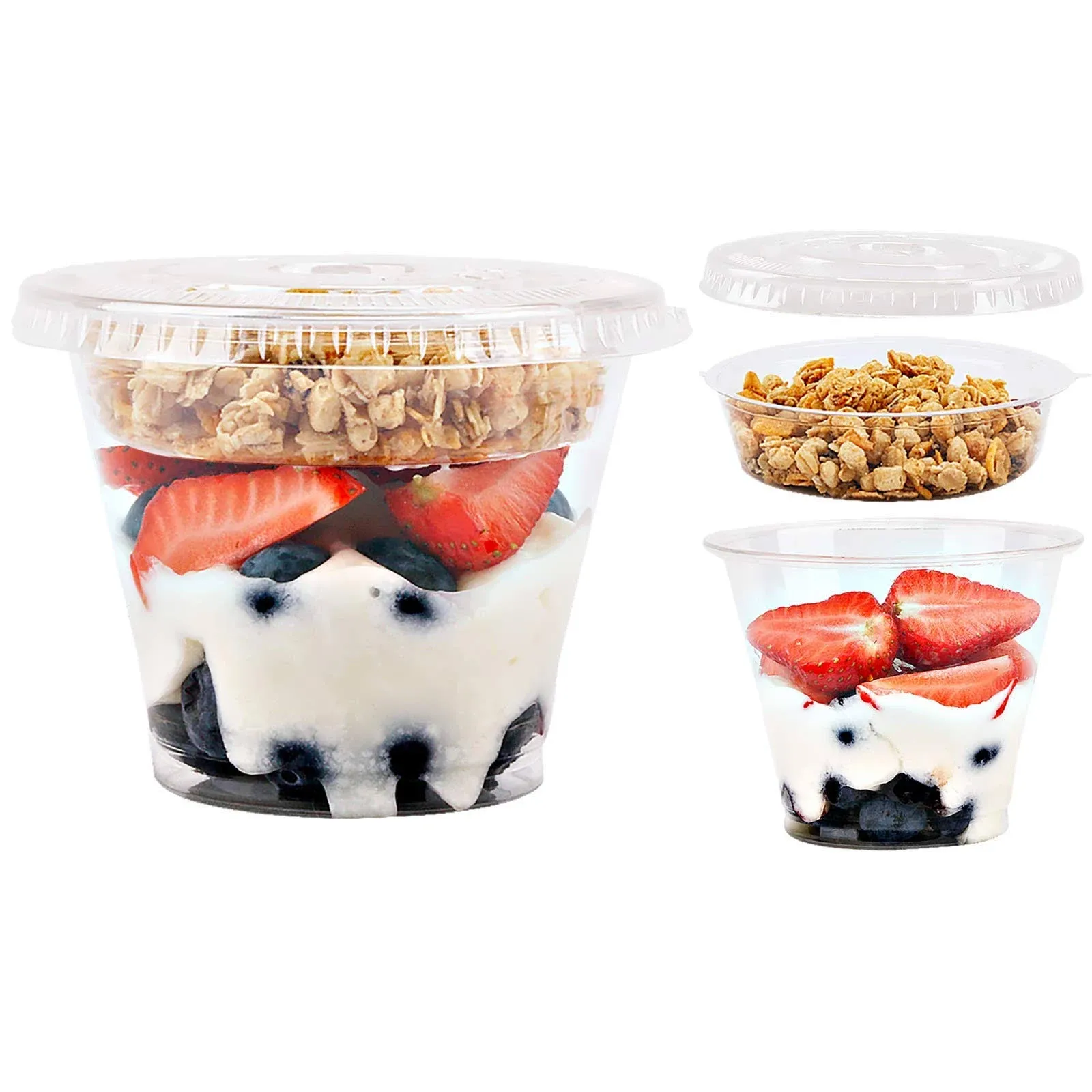 9 oz Clear Plastic Parfait Cups with Insert 3.25oz & Flat Lids No Hole - (50 Sets) Yogurt Fruit Parfait Cups for Kids, for Dips and Veggies, Take Away Breakfast and Snacks. No Leaking