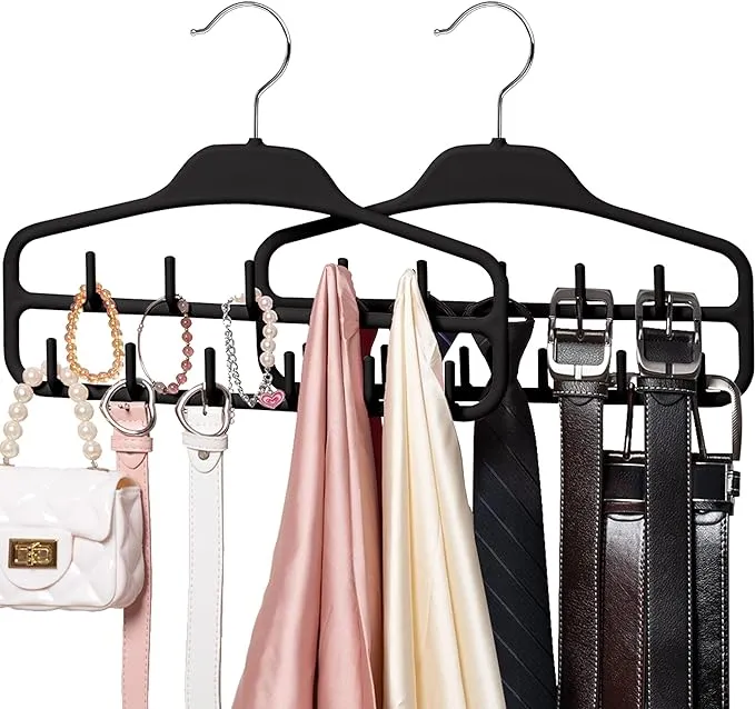 SMARTAKE 2 Pack Belt Hanger, 360 Degree Rotating Tie Rack with Hooks, Non-Slip Durable Hanging Closet Organizer Accessories Holder for Leather Belt, Bow Tie, Scarves and More, Black