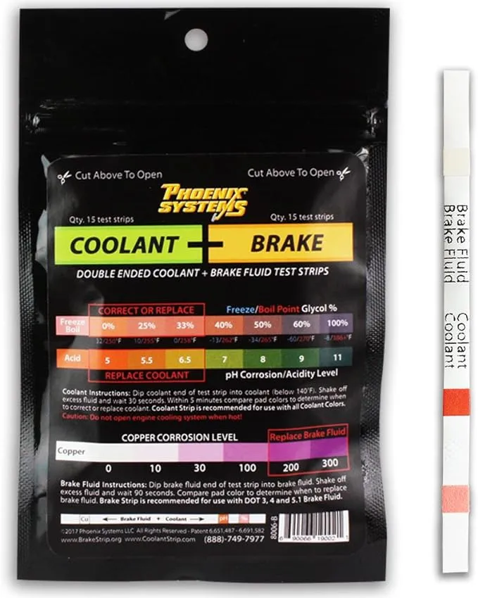 Phoenix Systems 8006-B Double-Ended Brake Fluid + Coolant Test Strips (15 foil wrapped test strips), 1 Pack