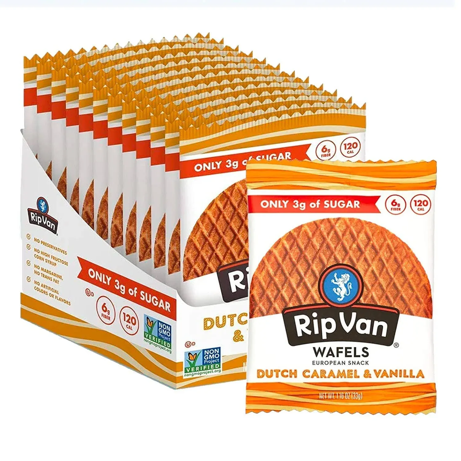 Rip Van WAFELS Dutch Caramel & Vanilla Stroopwafels, Healthy Non GMO, Low Calorie / Sugar Office Snacks, Keto Friendly, (3g), 12 Count (Packaging May Vary)