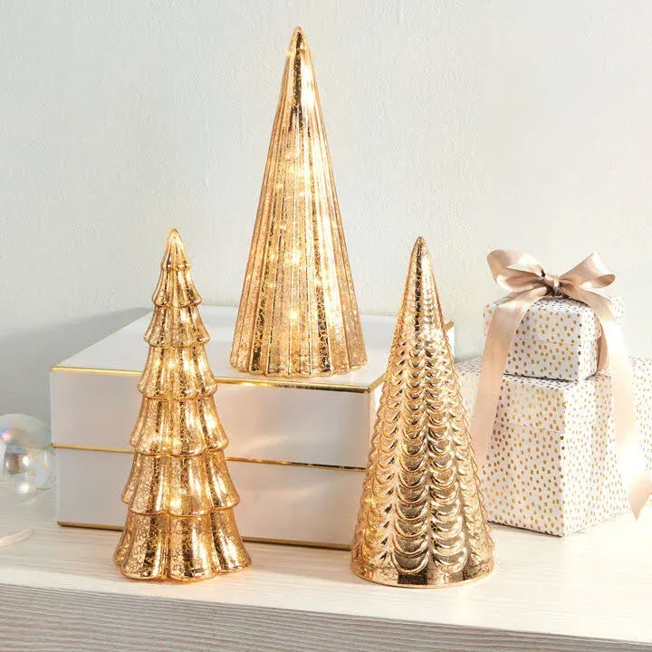 Lamplust Christmas Tree Decoration with Fairy Lights - Set of 3 Assorted Trees, 10 inch Tall, Champagne Gold Mercury Finish, Batteries in