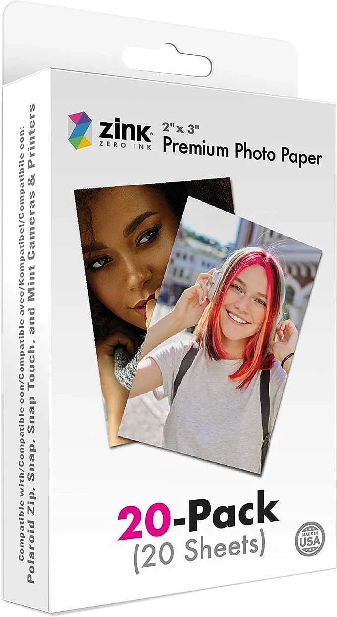 Zink 2"x3" Premium Instant Photo Paper (20 Pack) Compatible with Polaroid Snap, Snap Touch, Zip and Mint Cameras and Printers