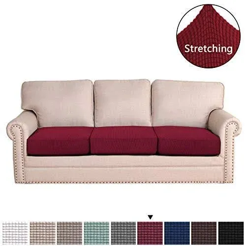 H.VERSAILTEX Super Stretch Individual Seat Cushion Covers Sofa Covers Couch Cushion Covers Slipcover Sets Thick Jacquard Textured Twill Fabric (3 Piece Sofa Cushion Covers, Burgundy Red)