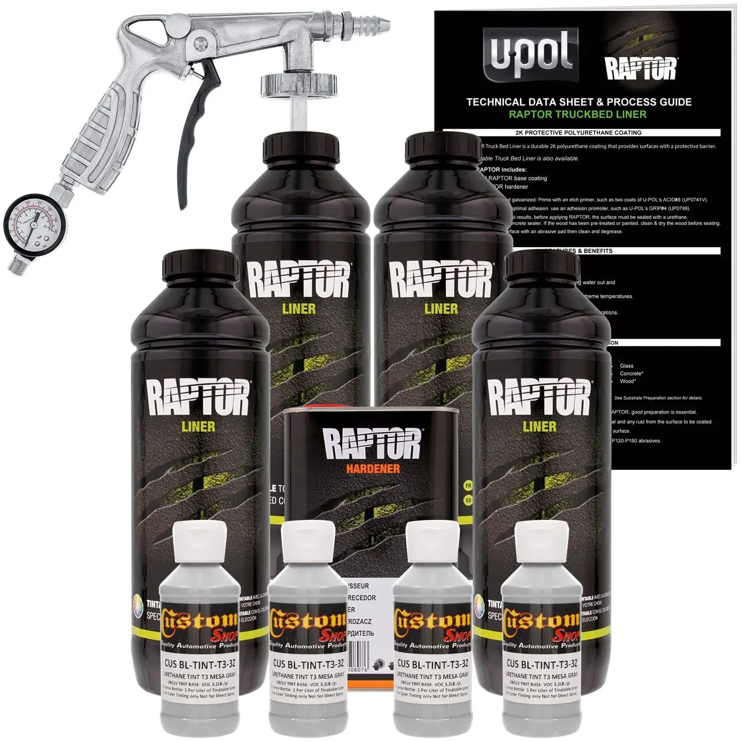 U-POL Raptor Mesa Gray Urethane Spray-On Truck Bed Liner Kit w/ Free Spray Gun, 4 ...