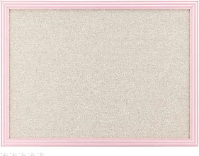 Navaris Framed Linen Bulletin Board - 17 x 23 inches Fabric Jewelry Organizer Pinboard for Wall Memory Memo Pin Board - Pink Linen with White Frame