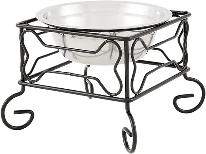 YML Elevated Stainless Steel Dog & Cat Bowl with Black Wrought Iron Stand, 10-Inch (10.75 Cups)