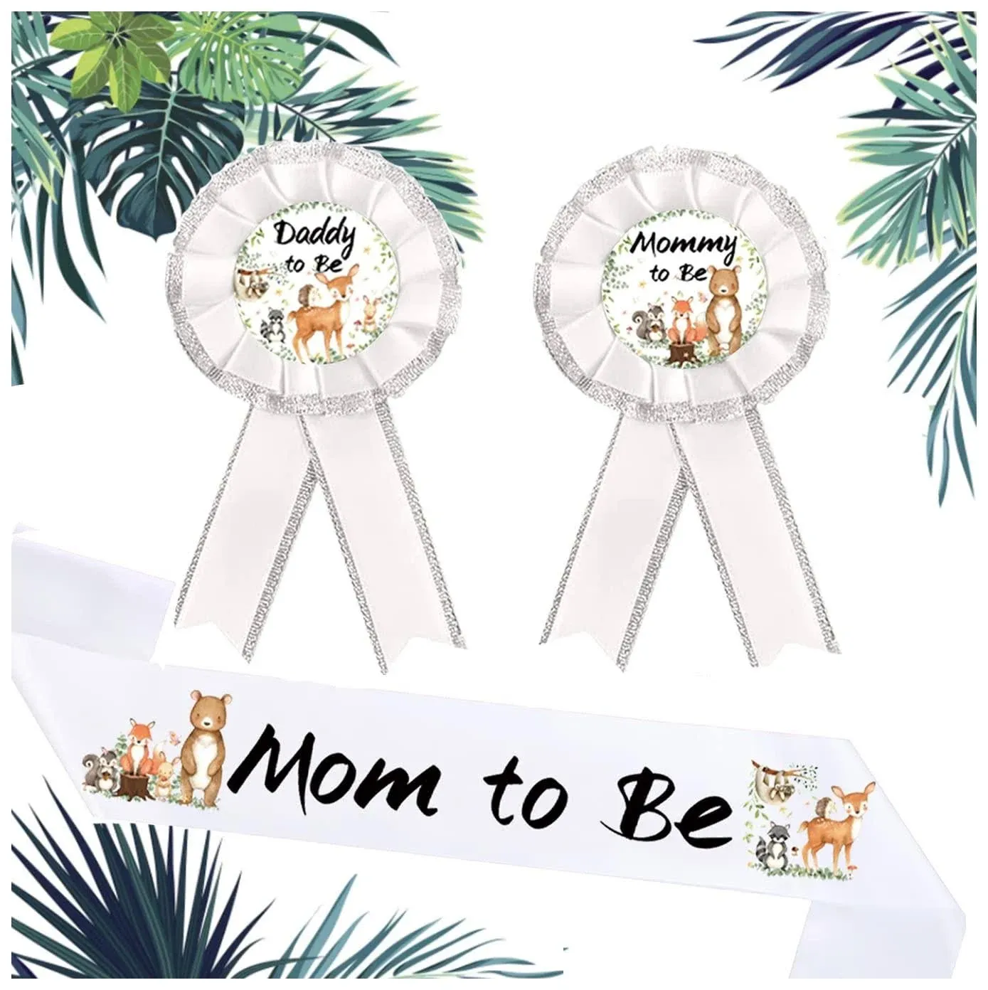 Woodland Creatures Baby Shower Sash Mom to Be & Daddy to Be Corsage Party Set ...