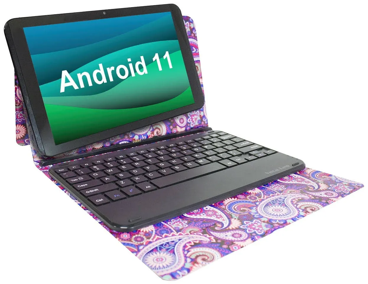 Visual Land Prestige Elite 10qh 10.1" HD IPS Android 13 Quad-Core Tablet, 64gb Storage, 2GB Ram, with Keyboard Case - Paisley