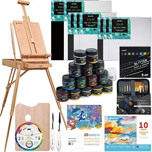 MEEDEN Acrylic Painting Set, Acrylic Paint Set with French Easel, 15x100ML Acrylic Paints, Paintbrushes, Stretched Canvases, Acrylic Painting