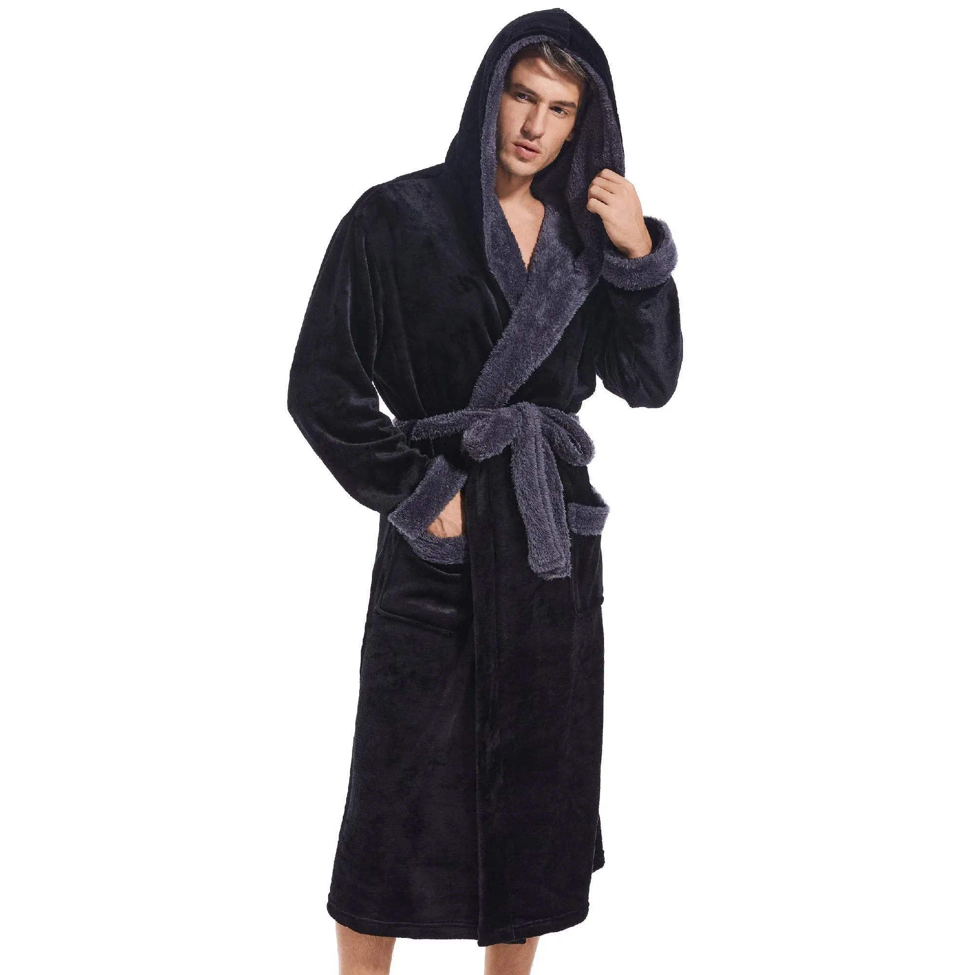 Inner Wish Mens Hooded Robe, Plush Long Bath robes Cozy Warm Bathrobe Fuzzy male Spa Robe With Pockets