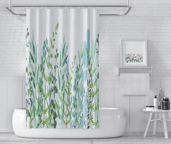 Epicgadget Green Floral Leaves Eucalyptus Shower Curtain Set with Hooks Rings ...