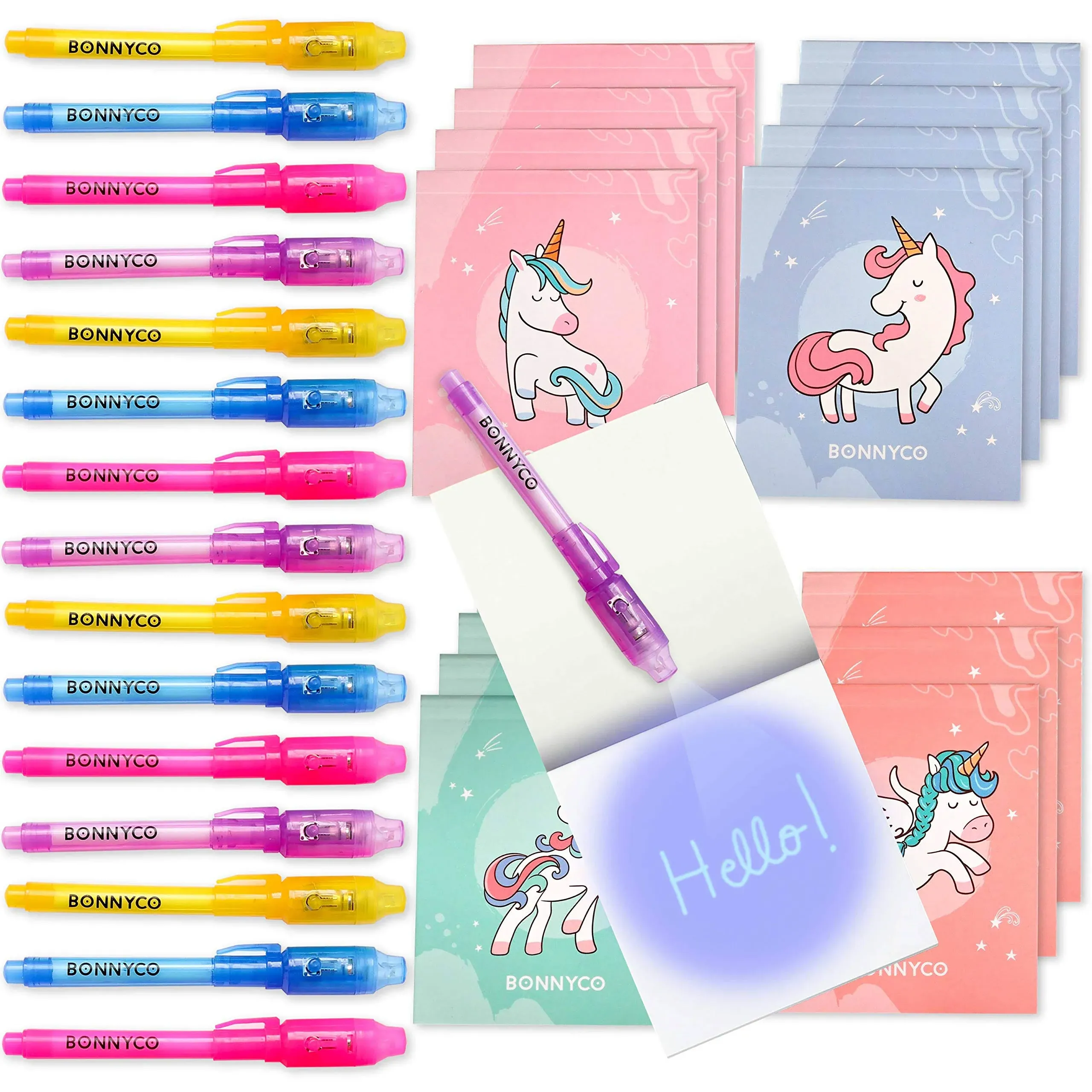 BONNYCO Invisible Ink Pen and Notebook Pack of 16 Unicorn Party Favors for Kids ...