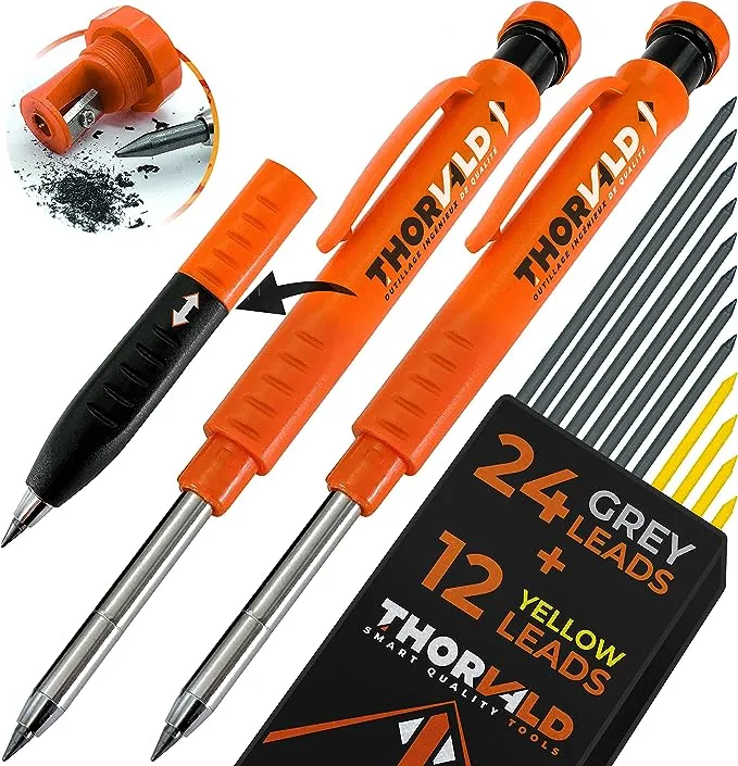 Thorvald 2 Carpenter Pencils Set for Construction - Incl 38 Leads + Sharpener + Finger Grip + Bubble Level - Solid Mechanical Pencils Wit