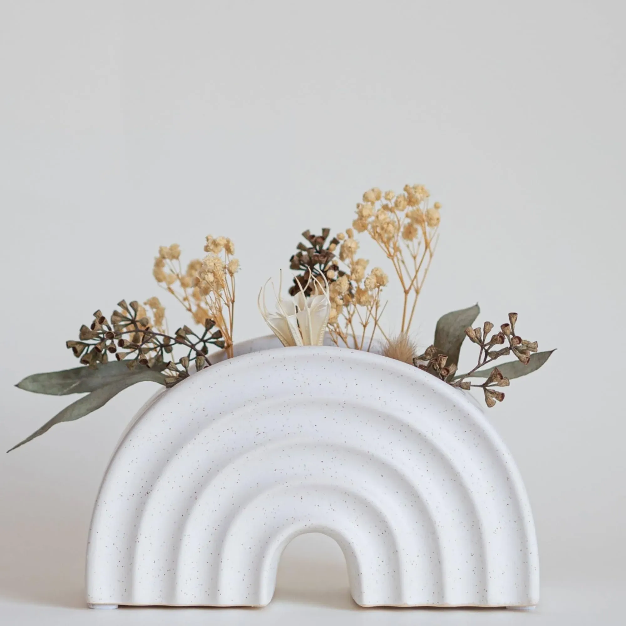 Rainbow Arched Planter White Vase Speckled Ceramic w/Drainage Hole, Textured Ribbed Arch, Organic Modern Aesthetic Small Flower Vases for Centerpieces, Unique Indoor Plant Pot Boho Living Room Décor