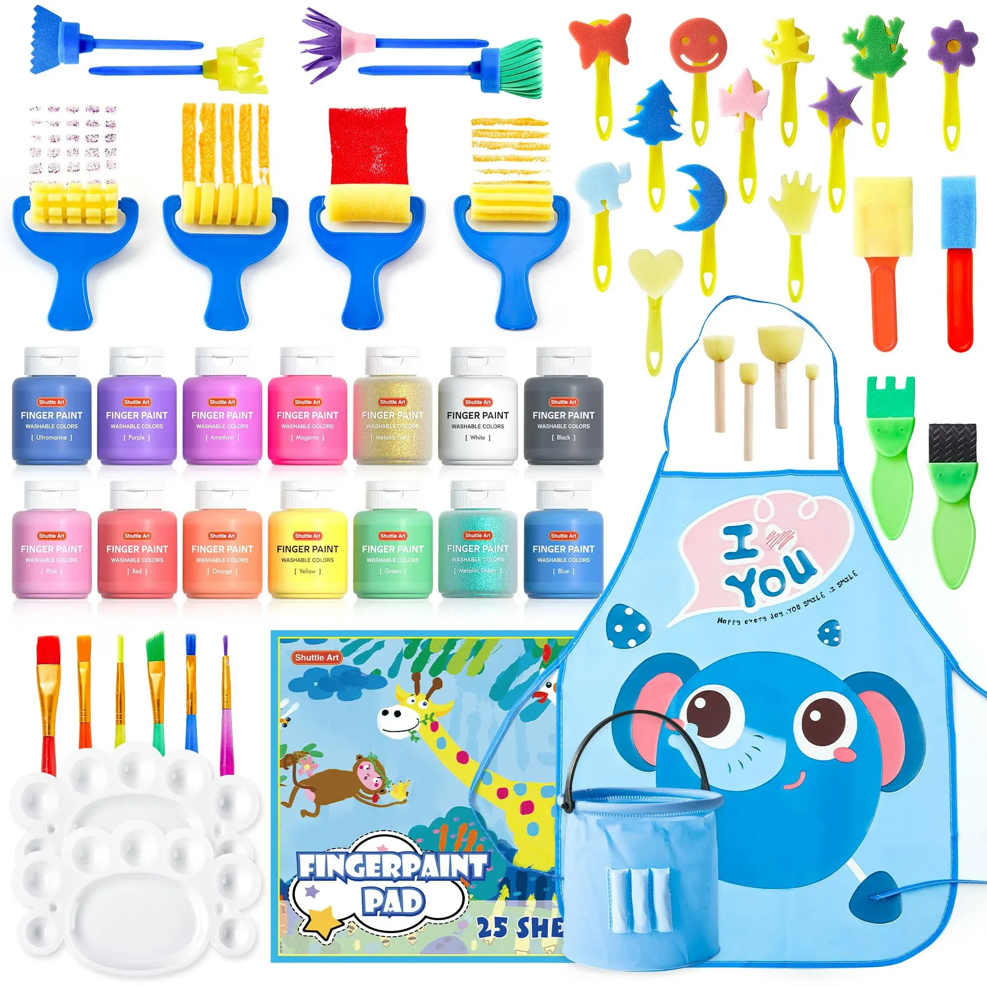 Washable Finger Paint Set, Shuttle Art 46 Pack Kids Paint Set with 14 Colors(60ml) Finger Paints, Brushes, Finger Paint Pad, Sponge, Palette, Smock, NonToxic for Toddlers Home Activity Early Education