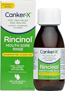 Canker x Rincinol Oral Rinse Mouthwash, Quick Pain Relief from Canker Sores, Mouth Burns & more, Benzocaine Free & Alcohol Free Mouthwash, Adults & CH