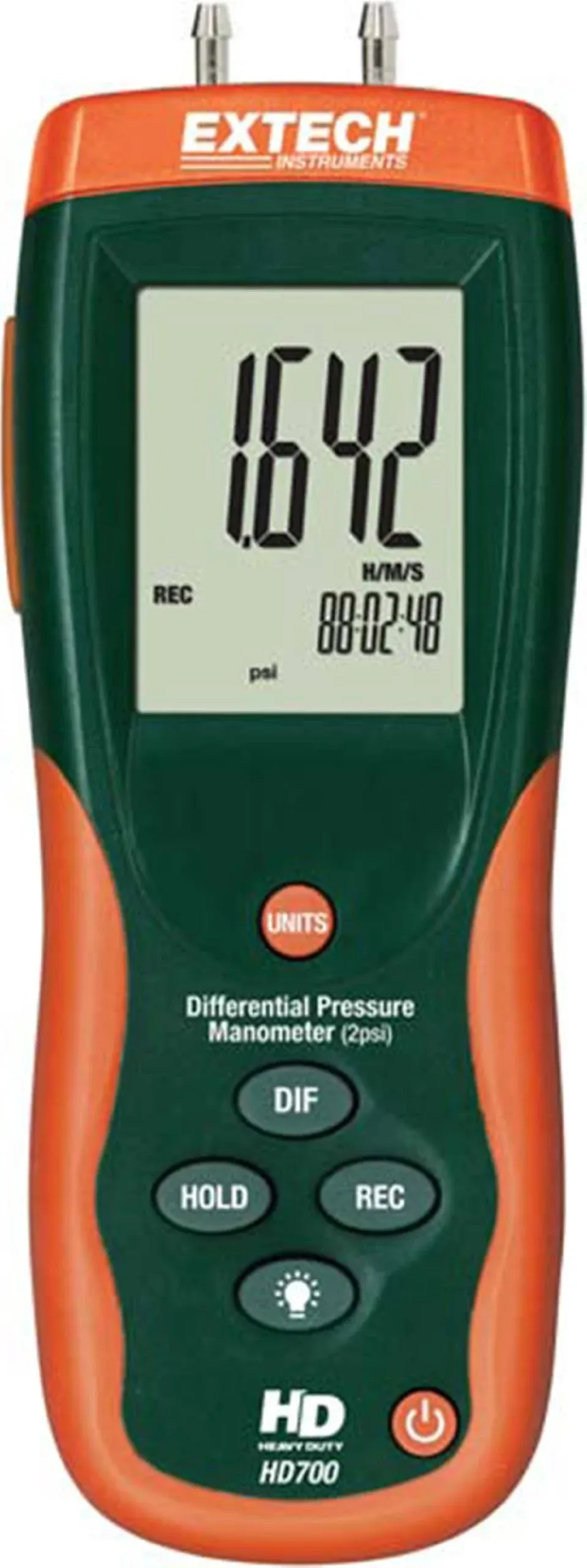 EXTECH Digital Manometer: 0 psi to 2 psi, 3 1/2 Digit LCD, 1/8 in Hose Barb/3/16 in Hose Barb