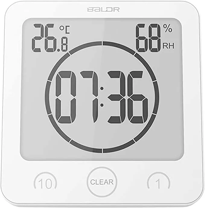 BALDR Digital Shower Clock with Timer - White - Water-Resistant Shower Timer, Countdown Timer Clock with Temperature and Humidity, Digital Clock for Shower, Bathroom Clock, Alarm Clock Battery Powered