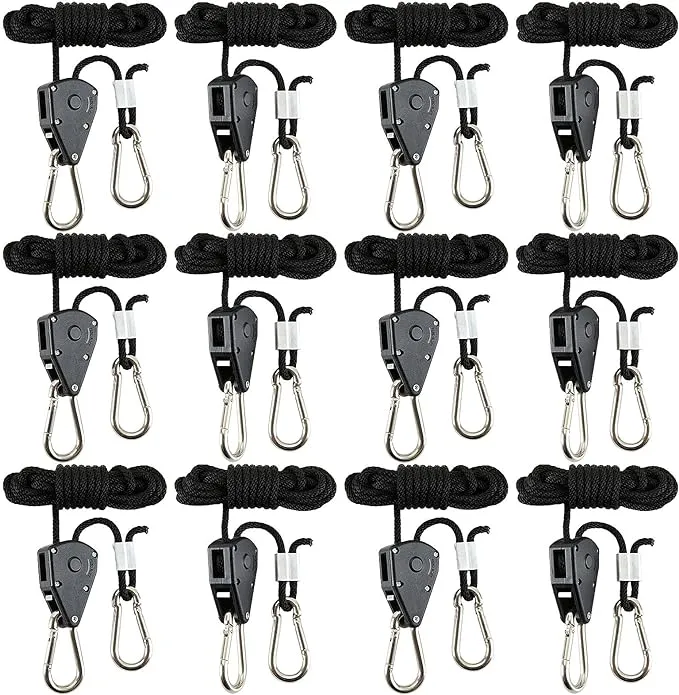 12 Pack Rope Clip Hanger 1/8 Inch 8 FT Adjustable Lifting Pulley Lanyard Hanger with M5 Iron Galvanized Carabiner, Reinforced Metal Internal Gears Ratchets 150lbs Capacity, Black