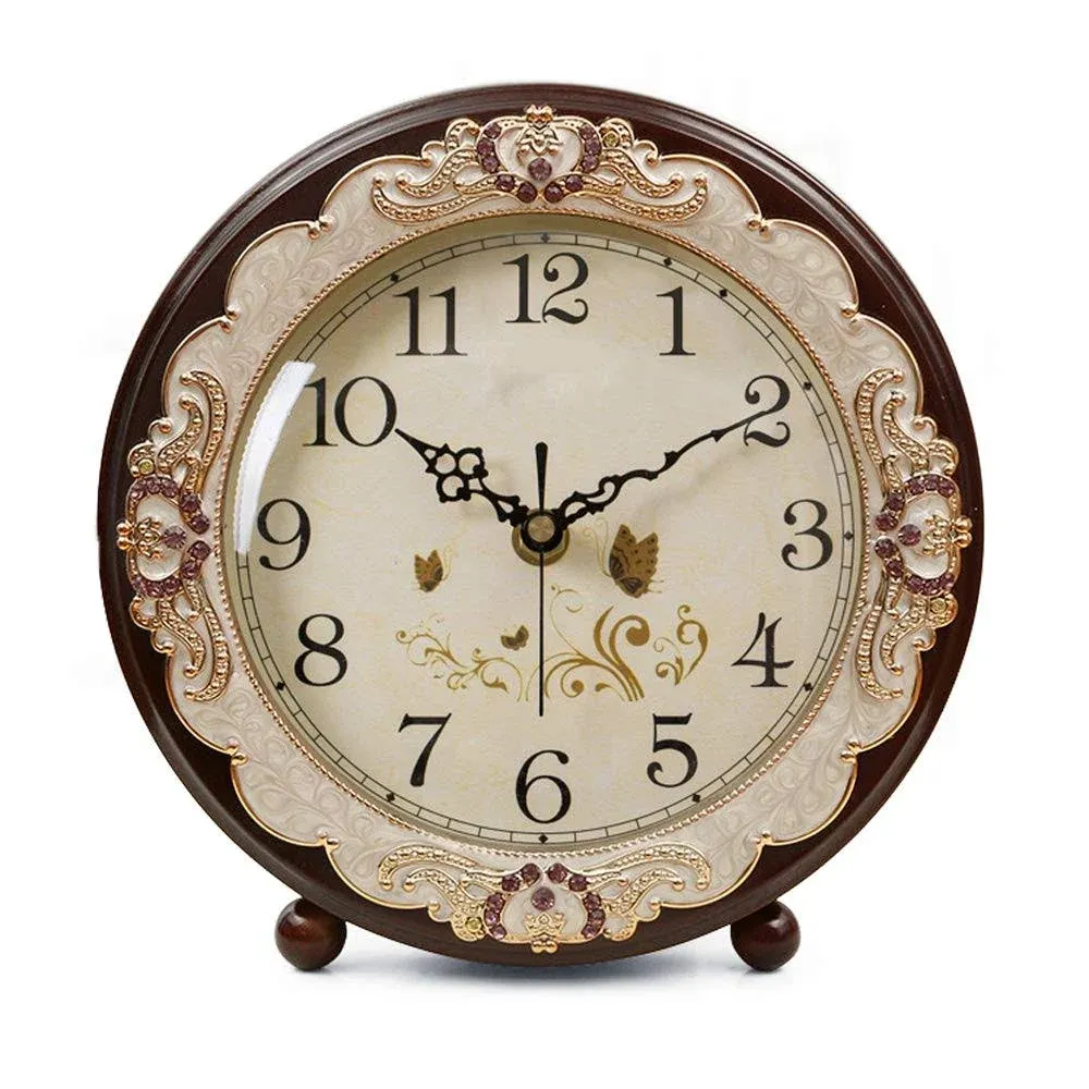 Justup Vintage Table Clock Retro Non-Ticking European Style Beside Brown