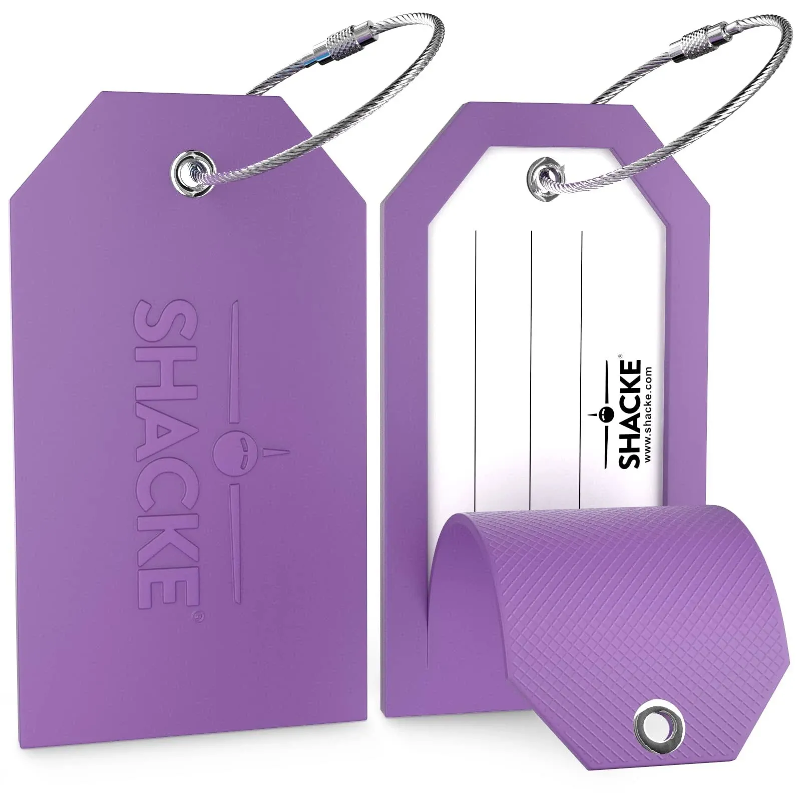 Shacke Luggage Tags with Full Back Privacy Cover w/ Steel Loops - Set of 2 (Purple)