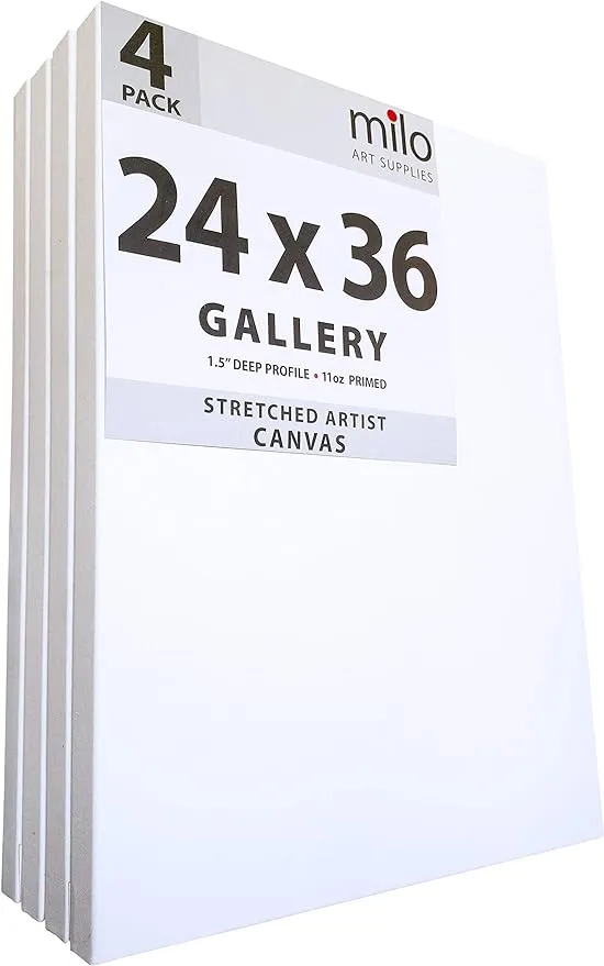 milo Stretched Artist Canvas | 24x36 inches | 4 Pack | 1.5” inch Thick Gallery Profile | 11 oz Primed Large Canvases for Painting, Ready to Paint Art Supplies for Acrylic, Oil