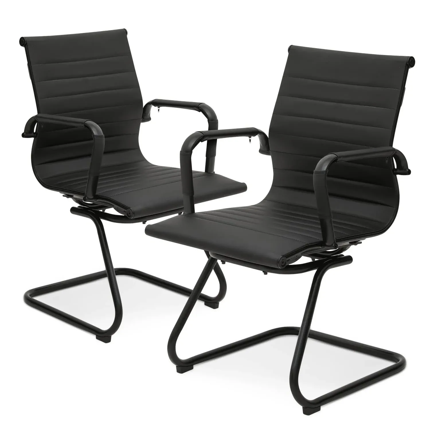 [PAIR SET]Black Leather Sled Base Guest Chair Meeting Room Conference Clerk Seat  | eBay