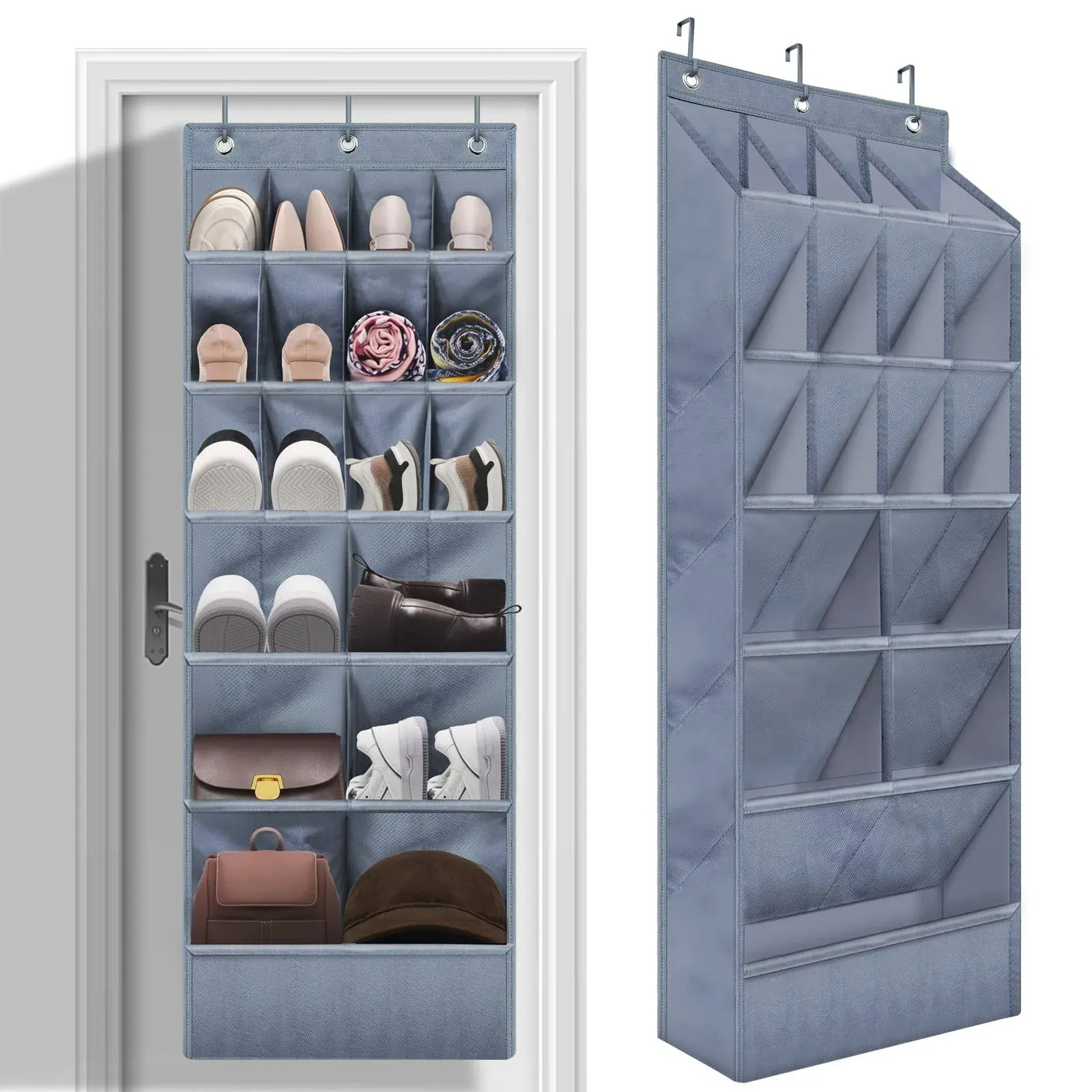 Over the Door Shoe Organizers 17 Pockets, 1 Pack Hanging Shoe Organizers with Large Pocket Shoe Holder Hanging Shoe Rack for Closet Shoe Organizer for Wall/Door, Grey