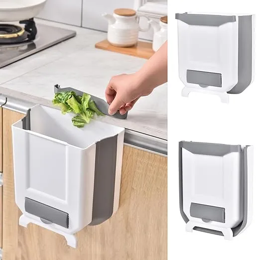 Hanging Kitchen Trash Can 2.4 Gallon White Plastic Collapsible Bin Wall Mounted