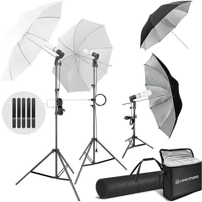 LimoStudio (LED Super Bright) 1200W Output Photo Studio Umbrella Continuous Lighting Kit, 6500K Neutral Day Light, 9000 Lumen, 95>CRI, White Soft Umbrella Diffuser & Black, Silver Reflector, LMS103