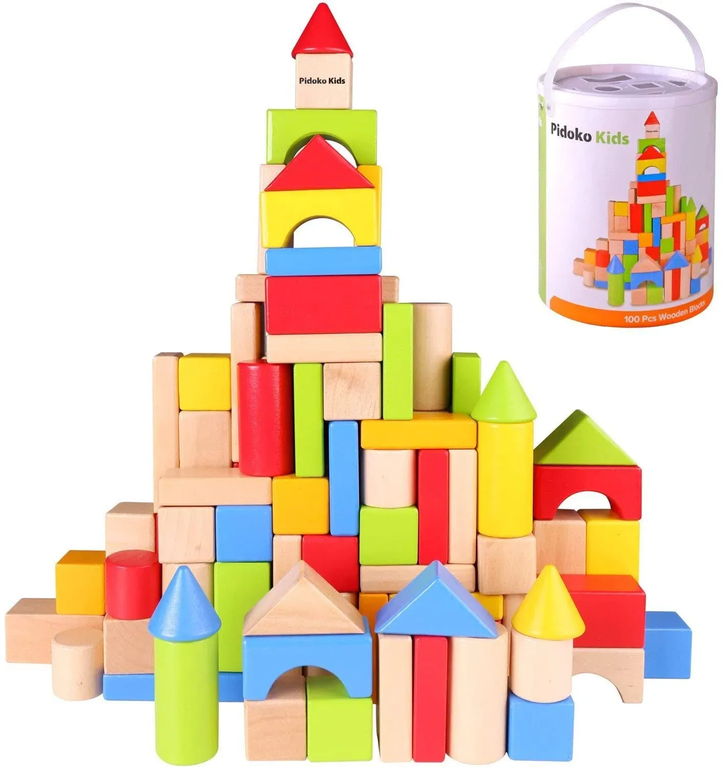 Pidoko Kids Wooden Blocks - 100 Pcs - Building Blocks for Toddlers - Includes Storage Container with Shape Sorter Top - Hardwood Plain & Colored Wood Blocks - Preschool Block Learning Toys