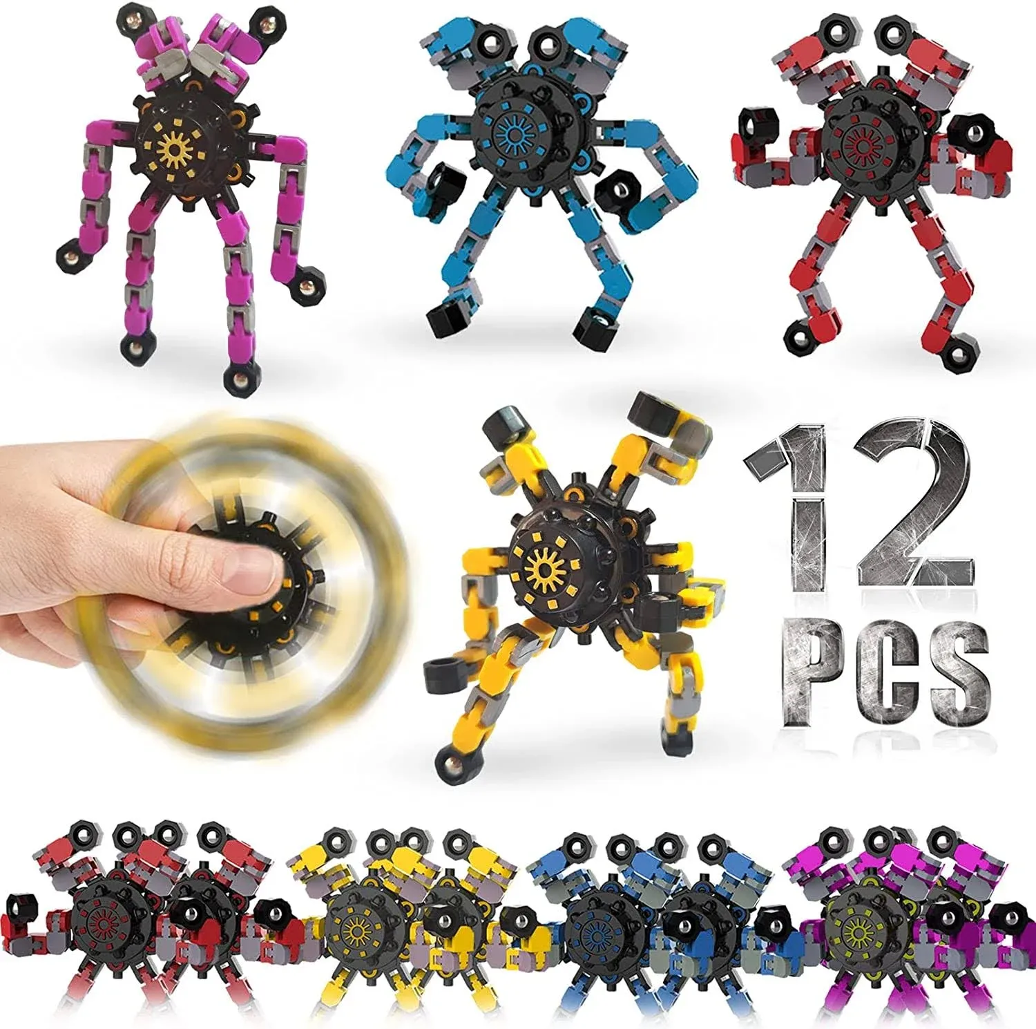 12 Pack Funny Sensory Fidget Toys,Deformabl<wbr/>e Chain DIY Robot Spinners Twister Fi