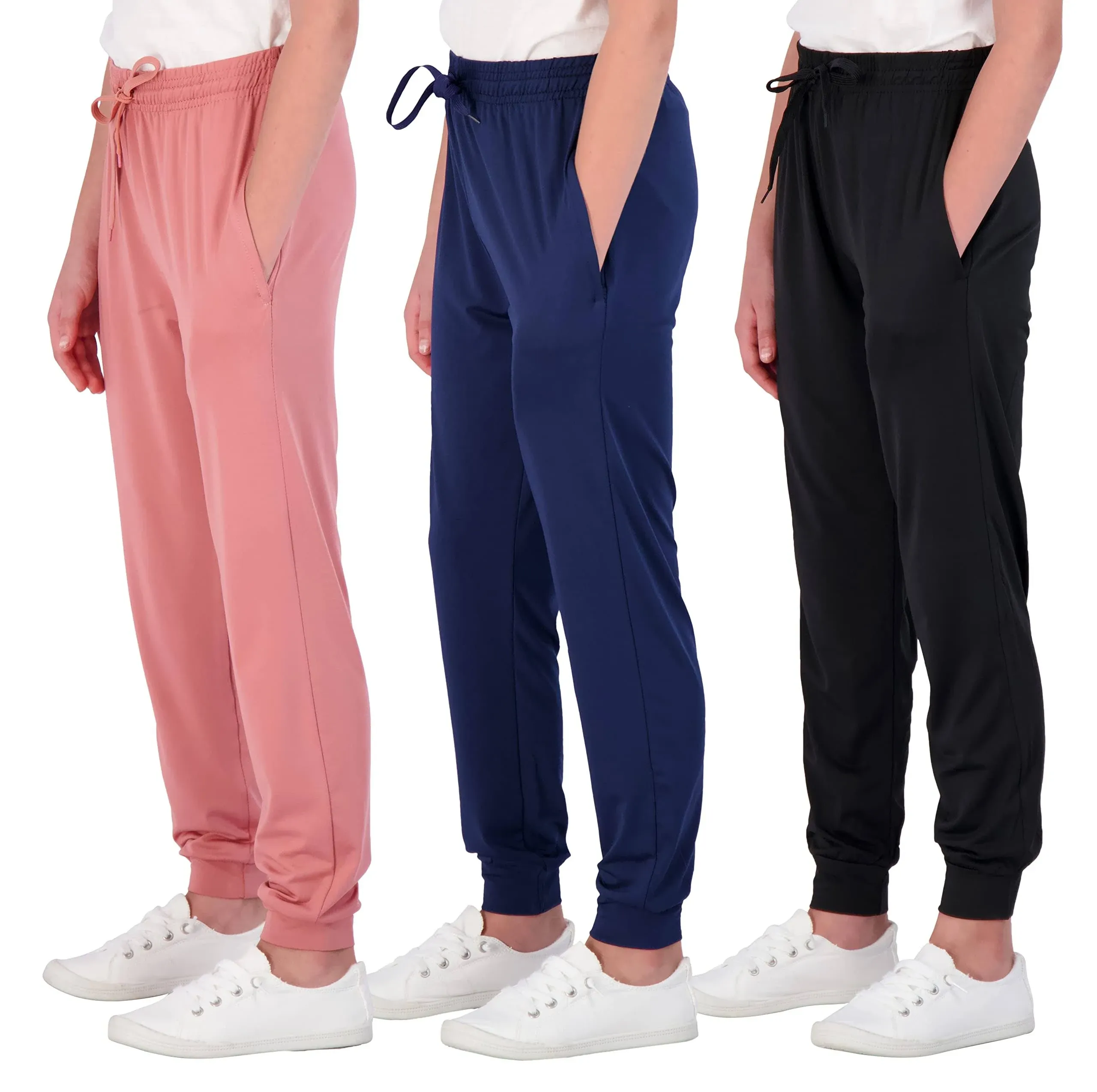 Real Essentials 3 Pack: Girls' Dry-Fit Jogger Sweatpants Soft Active Athletic Kids Joggers with Pockets & Drawstring